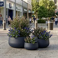A cluster of three large Ronglin GRC bowl planters with vibrant flowers, used for commercial landscape design in a high-end pedestrian shopping plaza